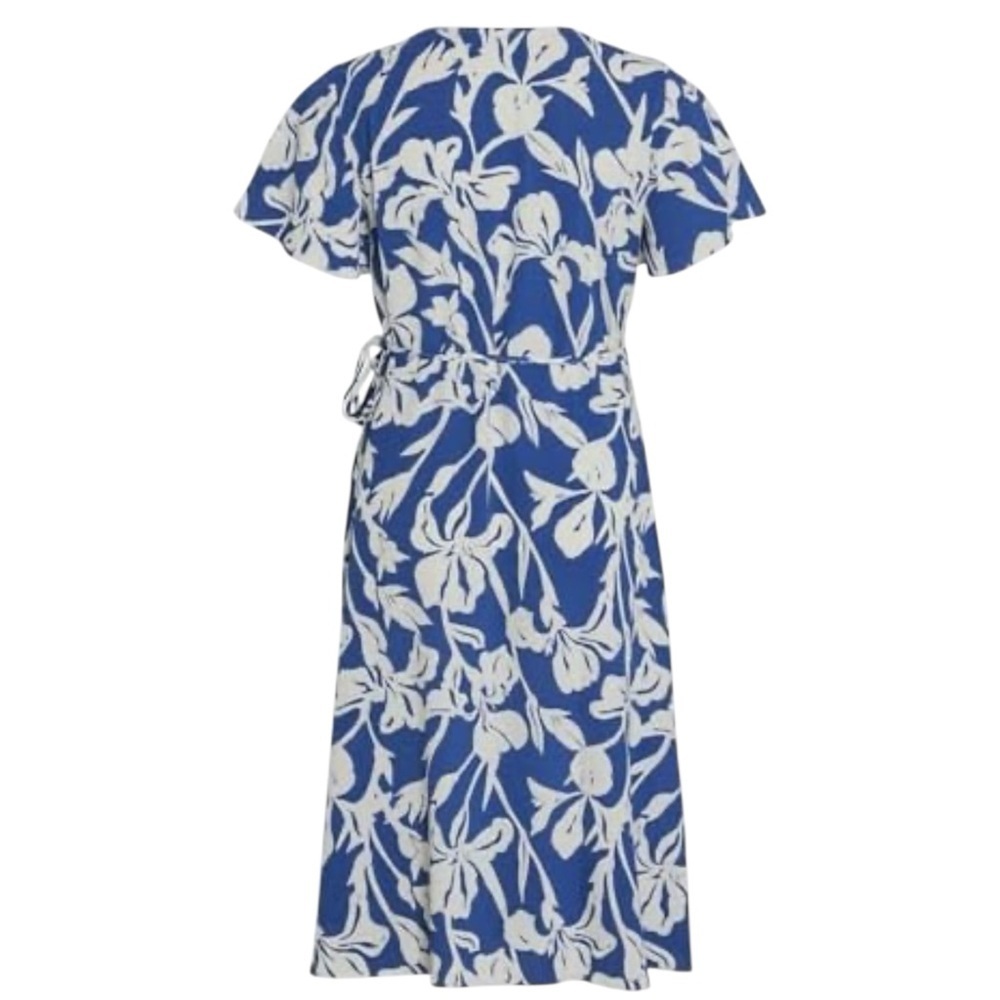 Women's (EU 34) XS Blue White Floral Vacation Midi Flowy Tropical Wrap Dress - Picture 3 of 7